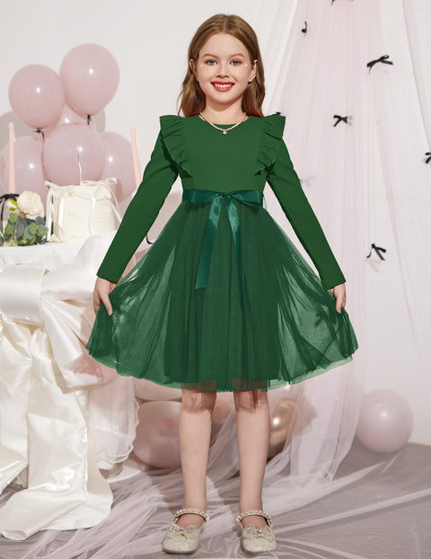 Toddler Girls Long Sleeve Tutu Dress Tulle Skirt Shoulder Ruffle Ribbon Tie - Deep Green