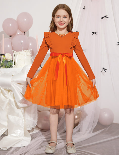 Toddler Girls Long Sleeve Tutu Dress Tulle Skirt Shoulder Ruffle Ribbon Tie - Burnt Orange