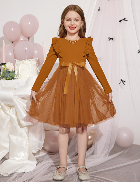 Toddler Girls Long Sleeve Tutu Dress Tulle Skirt Shoulder Ruffle Ribbon Tie - Brown