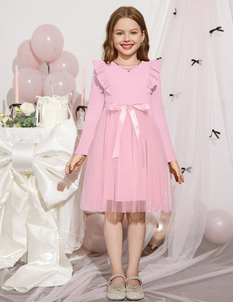 Toddler Girls Long Sleeve Tutu Dress Tulle Skirt Shoulder Ruffle Ribbon Tie - Pink