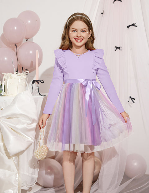 Toddler Girls Long Sleeve Tutu Dress Tulle Skirt Shoulder Ruffle Ribbon Tie - Rainbow
