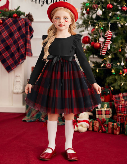 Toddler Girls Long Sleeve Tutu Dress Tulle Skirt Shoulder Ruffle Ribbon Tie - PAT2
