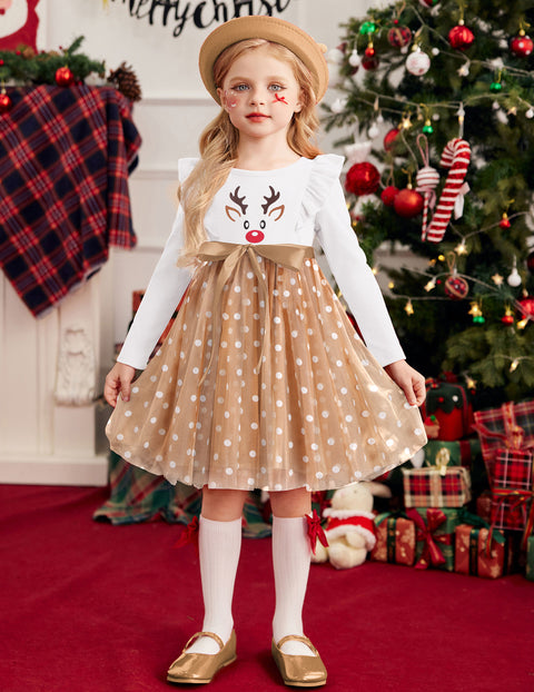Toddler Girls Long Sleeve Tutu Dress Tulle Skirt Shoulder Ruffle Ribbon Tie - White Reindeer