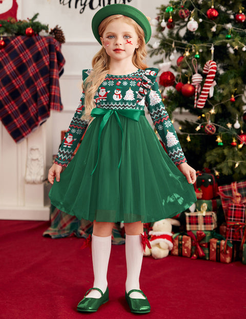 Toddler Girls Long Sleeve Tutu Dress Tulle Skirt Shoulder Ruffle Ribbon Tie - Christmas Green