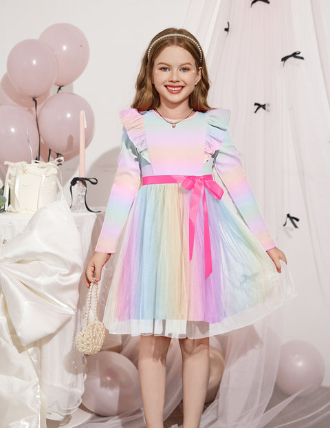 Toddler Girls Long Sleeve Tutu Dress Tulle Skirt Shoulder Ruffle Ribbon Tie - Lilac Rainbow