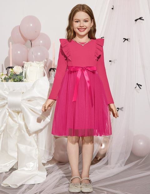 Toddler Girls Long Sleeve Tutu Dress Tulle Skirt Shoulder Ruffle Ribbon Tie - Hot Pink