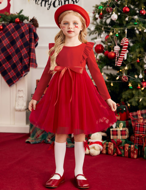 Toddler Girls Long Sleeve Tutu Dress Tulle Skirt Shoulder Ruffle Ribbon Tie - Red