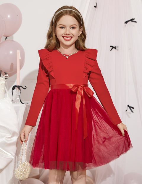 Toddler Girls Long Sleeve Tutu Dress Tulle Skirt Shoulder Ruffle Ribbon Tie - Red