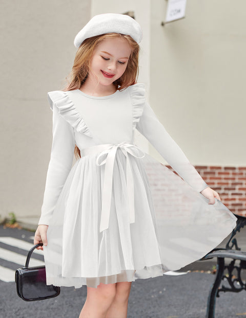 Toddler Girls Long Sleeve Tutu Dress Tulle Skirt Shoulder Ruffle Ribbon Tie - White