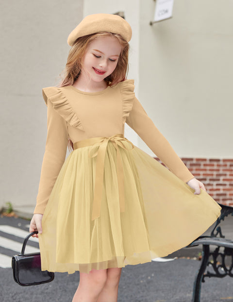 Toddler Girls Long Sleeve Tutu Dress Tulle Skirt Shoulder Ruffle Ribbon Tie - Beige