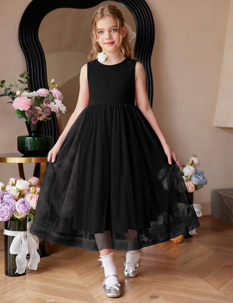 Flower Girl Dress V-Back Bowknot Sleeveless Tulle Long Formal Dress - Black