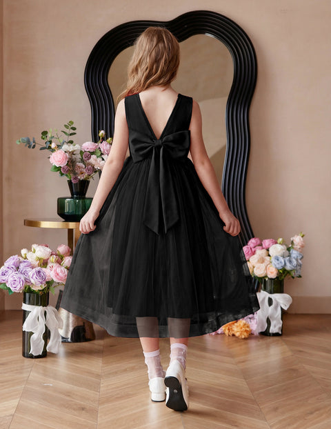 Flower Girl Dress V-Back Bowknot Sleeveless Tulle Long Formal Dress - Black