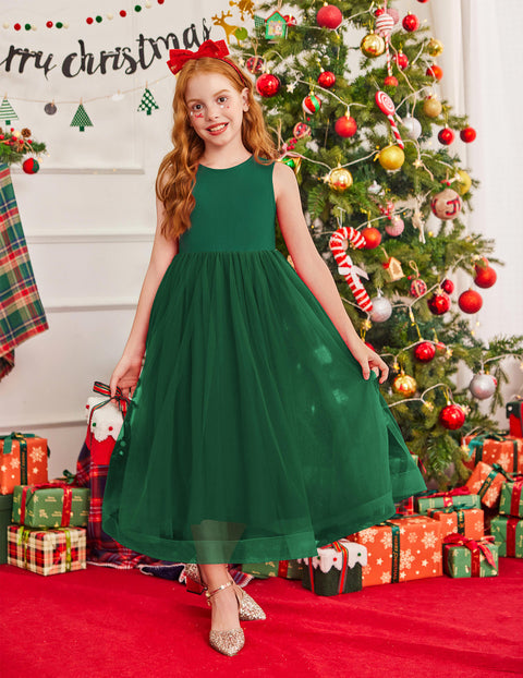 Flower Girl Dress V-Back Bowknot Sleeveless Tulle Long Formal Dress - Dark Green