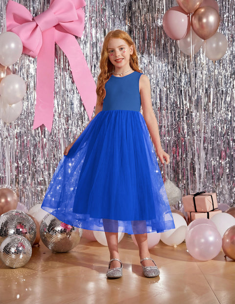 Flower Girl Dress V-Back Bowknot Sleeveless Tulle Long Formal Dress - Royal Blue