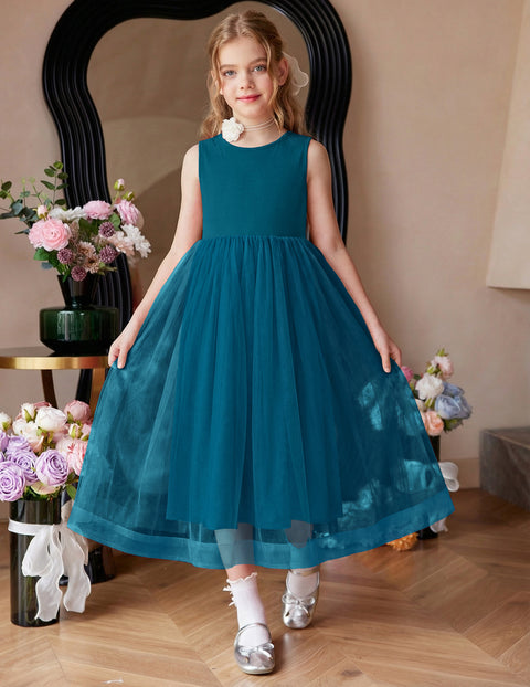 Flower Girl Dress V-Back Bowknot Sleeveless Tulle Long Formal Dress - Lake Blue