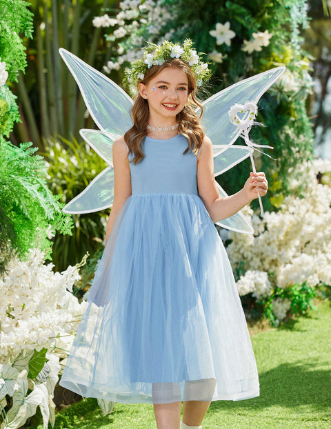 Flower Girl Dress V-Back Bowknot Sleeveless Tulle Long Formal Dress - Light Blue