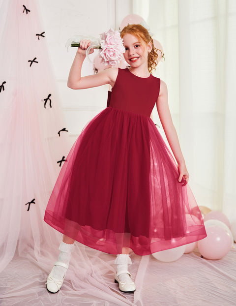 Flower Girl Dress V-Back Bowknot Sleeveless Tulle Long Formal Dress - Red
