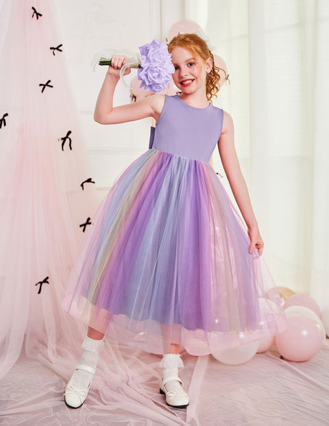 Flower Girl Dress V-Back Bowknot Sleeveless Tulle Long Formal Dress - Purple Rainbow