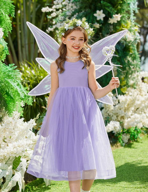 Flower Girl Dress V-Back Bowknot Sleeveless Tulle Long Formal Dress - Light Purple