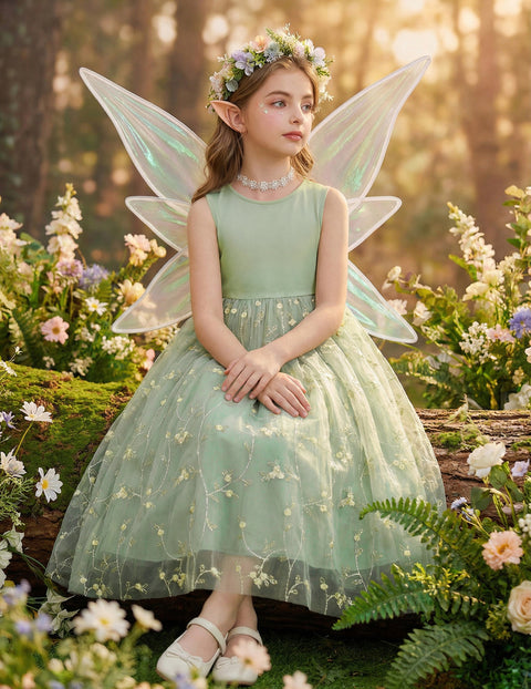 Flower Girl Dress V-Back Bowknot Sleeveless Tulle Long Formal Dress - Sage Green Floral