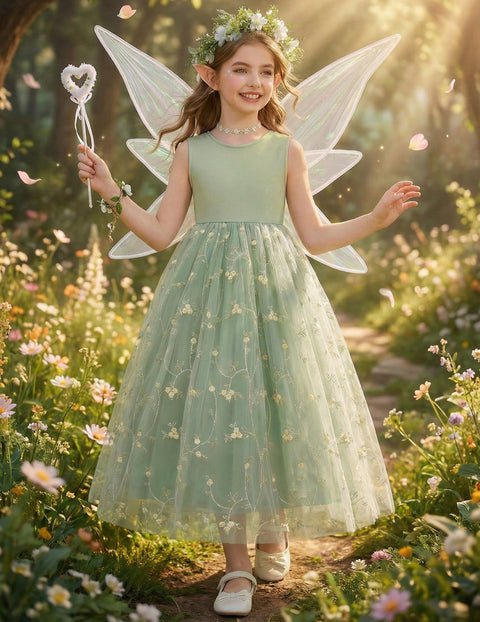 Flower Girl Dress V-Back Bowknot Sleeveless Tulle Long Formal Dress - Sage Green Floral