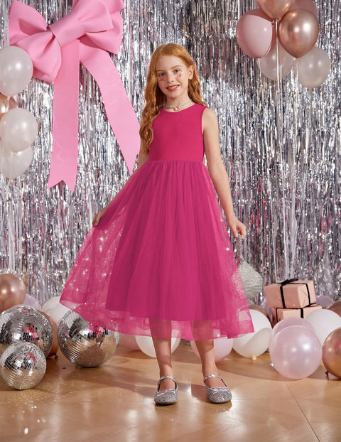 Flower Girl Dress V-Back Bowknot Sleeveless Tulle Long Formal Dress - Hot Pink