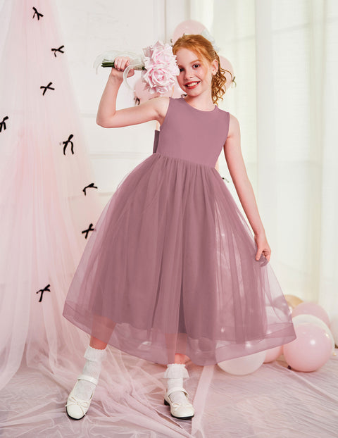 Flower Girl Dress V-Back Bowknot Sleeveless Tulle Long Formal Dress - Pink