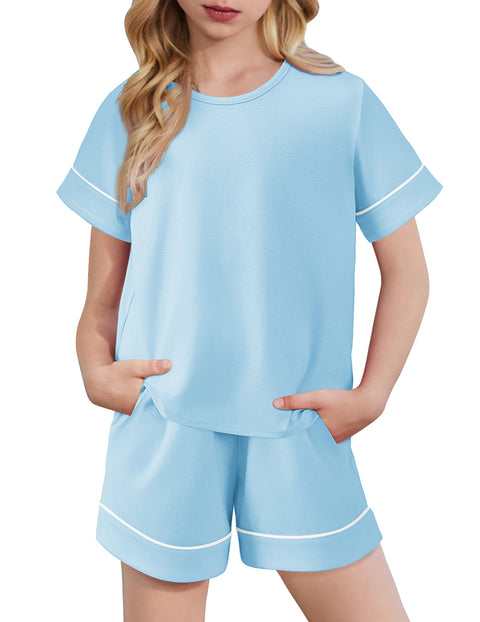 Girls Short Sleeve Pajama Set Round Neck Soft Lounge Sleepwear 2-Piece - Blue