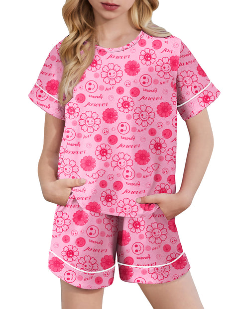 Girls Short Sleeve Pajama Set Round Neck Soft Lounge Sleepwear 2-Piece - Pink Smile Face