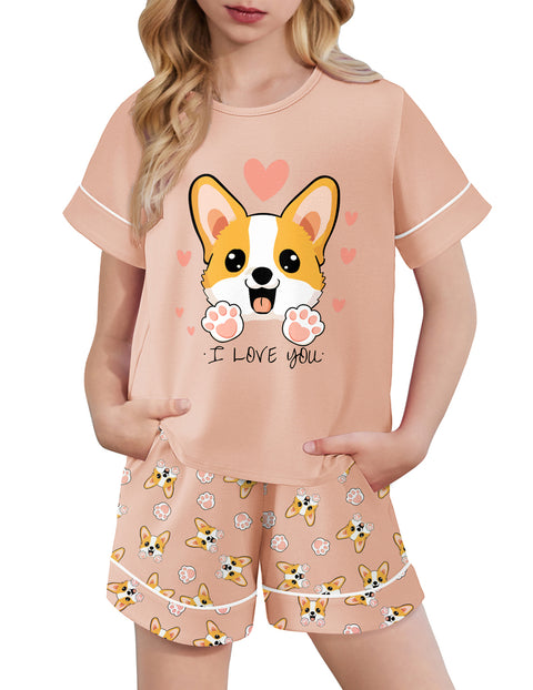 Girls Short Sleeve Pajama Set Round Neck Soft Lounge Sleepwear 2-Piece - Orange Pink Dog