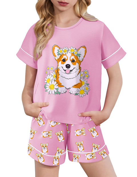 Girls Short Sleeve Pajama Set Round Neck Soft Lounge Sleepwear 2-Piece - Pink Dog