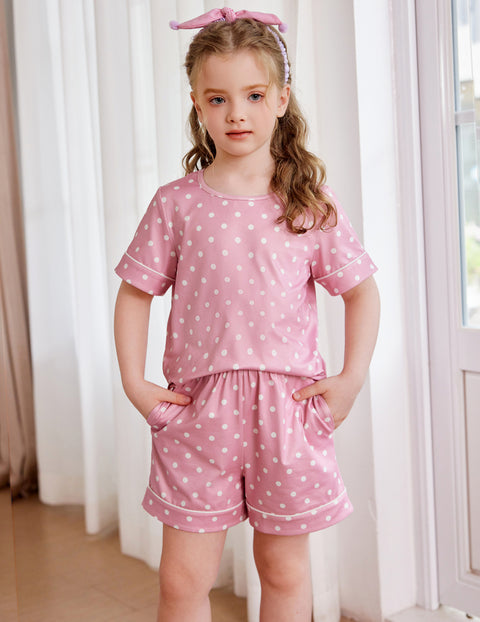 Girls Short Sleeve Pajama Set Round Neck Soft Lounge Sleepwear 2-Piece - Pink Dot