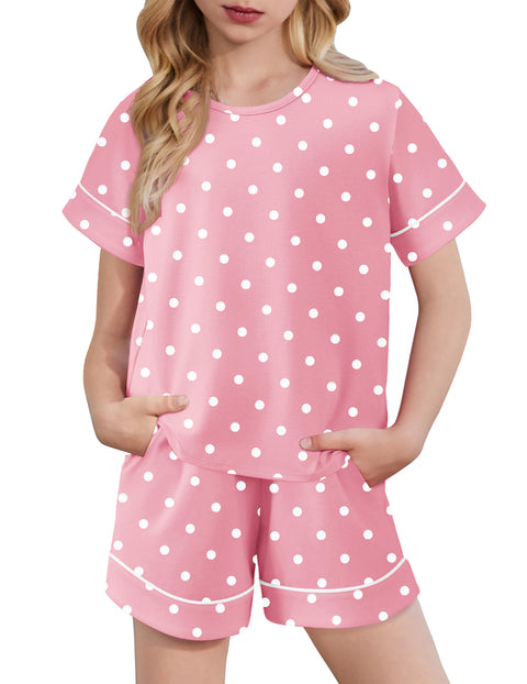 Girls Short Sleeve Pajama Set Round Neck Soft Lounge Sleepwear 2-Piece - Pink Dot