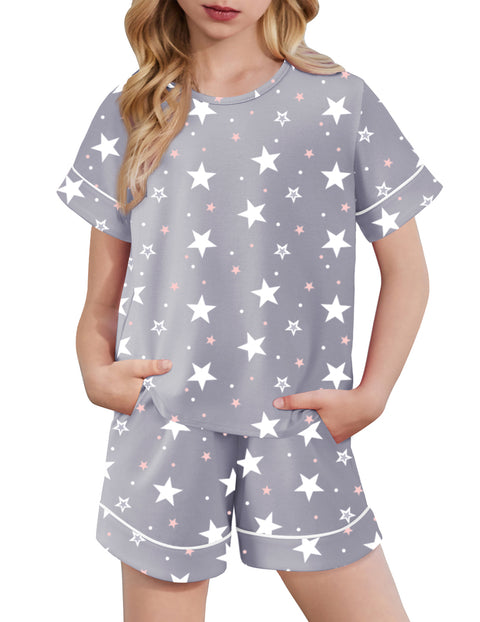 Girls Short Sleeve Pajama Set Round Neck Soft Lounge Sleepwear 2-Piece - Grey Star