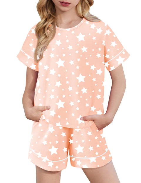Girls Short Sleeve Pajama Set Round Neck Soft Lounge Sleepwear 2-Piece - Pink Star