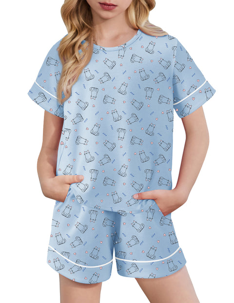 Girls Short Sleeve Pajama Set Round Neck Soft Lounge Sleepwear 2-Piece - Blue Cat