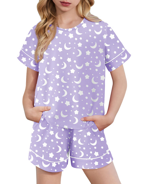 Girls Short Sleeve Pajama Set Round Neck Soft Lounge Sleepwear 2-Piece - Purple Star Moon