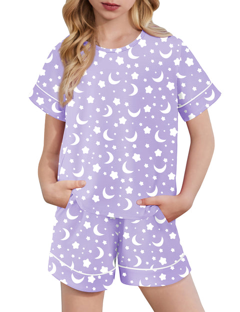 Girls Short Sleeve Pajama Set Round Neck Soft Lounge Sleepwear 2-Piece - Purple Star Moon