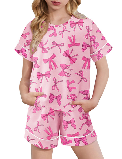 Girls Short Sleeve Pajama Set Round Neck Soft Lounge Sleepwear 2-Piece - Pink Bow