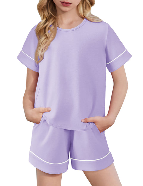 Girls Short Sleeve Pajama Set Round Neck Soft Lounge Sleepwear 2-Piece - Purple