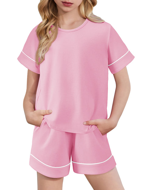 Girls Short Sleeve Pajama Set Round Neck Soft Lounge Sleepwear 2-Piece - Pink