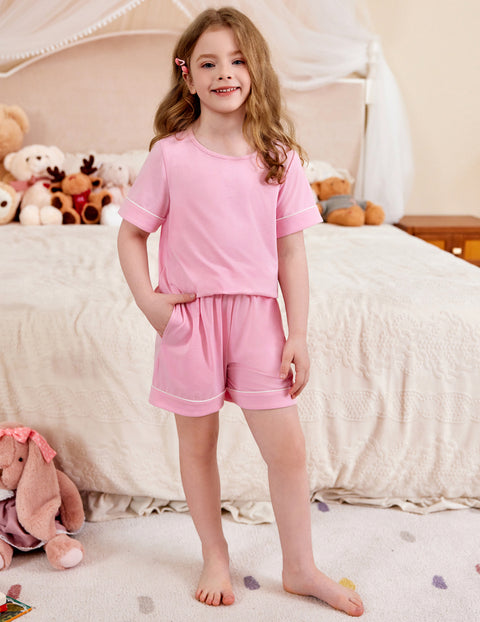 Girls Short Sleeve Pajama Set Round Neck Soft Lounge Sleepwear 2-Piece - Pink