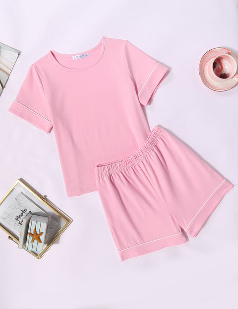 Girls Short Sleeve Pajama Set Round Neck Soft Lounge Sleepwear 2-Piece - Pink