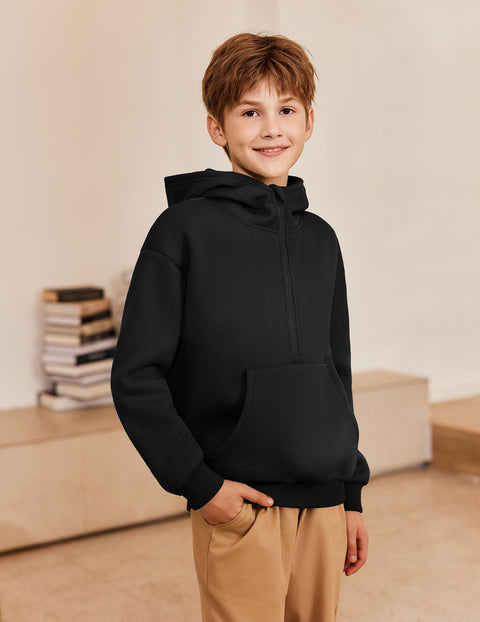 Boys Quarter Zip Hoodie Long Sleeve Kangaroo Pocket Sweatshirt - Black