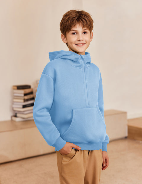 Boys Quarter Zip Hoodie Long Sleeve Kangaroo Pocket Sweatshirt - Light Blue
