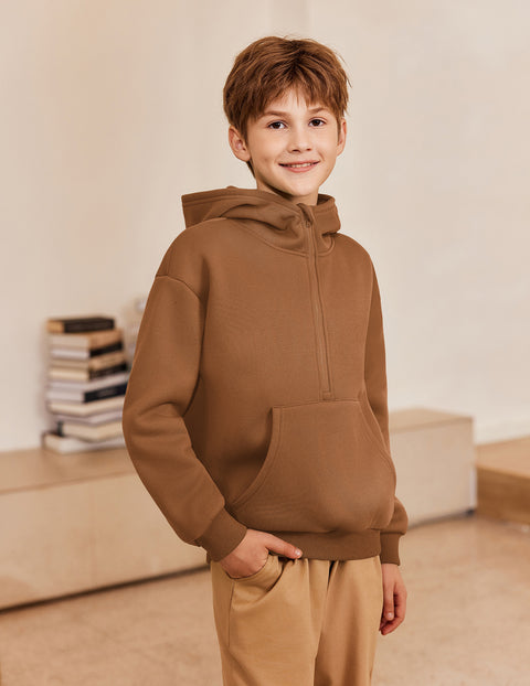 Boys Quarter Zip Hoodie Long Sleeve Kangaroo Pocket Sweatshirt - Brown