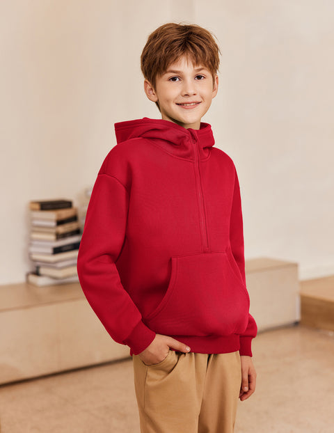 Boys Quarter Zip Hoodie Long Sleeve Kangaroo Pocket Sweatshirt - Red
