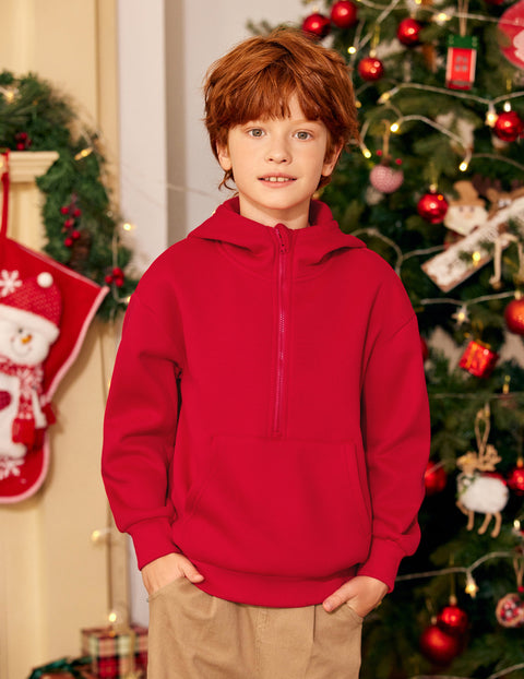 Boys Quarter Zip Hoodie Long Sleeve Kangaroo Pocket Sweatshirt - Red