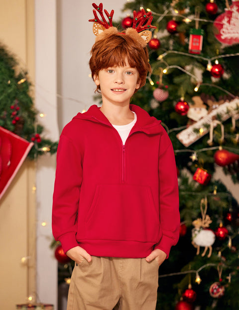 Boys Quarter Zip Hoodie Long Sleeve Kangaroo Pocket Sweatshirt - Red