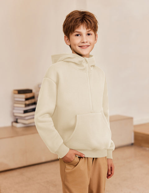 Boys Quarter Zip Hoodie Long Sleeve Kangaroo Pocket Sweatshirt - Light Khaki